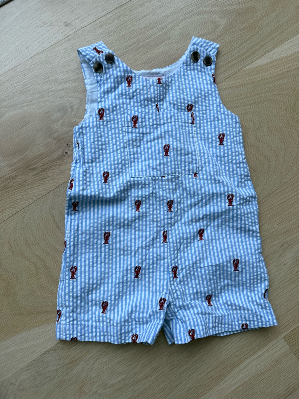 Classic Prep Light Blue & White Striped Romper with Red Embroidery 18-24 months